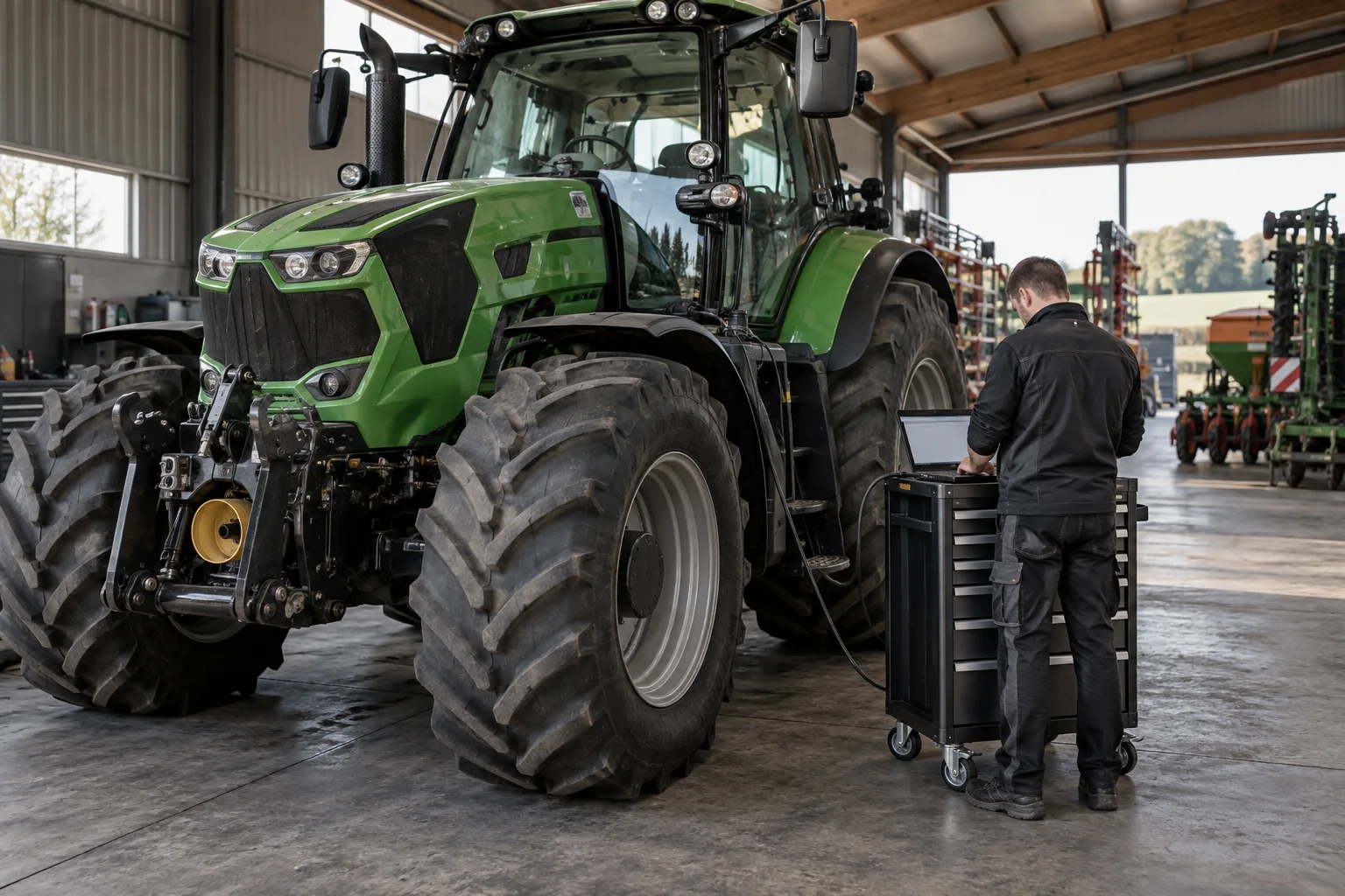 Techniker mit Diagnoselaptop neben einem Traktor in einer Maschinenhalle