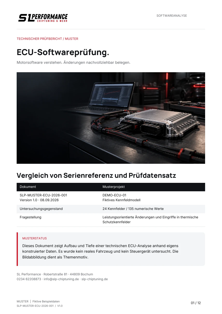 Deckblatt des ECU-Softwareprüfberichts mit Dokumentnummer und Musterstatus