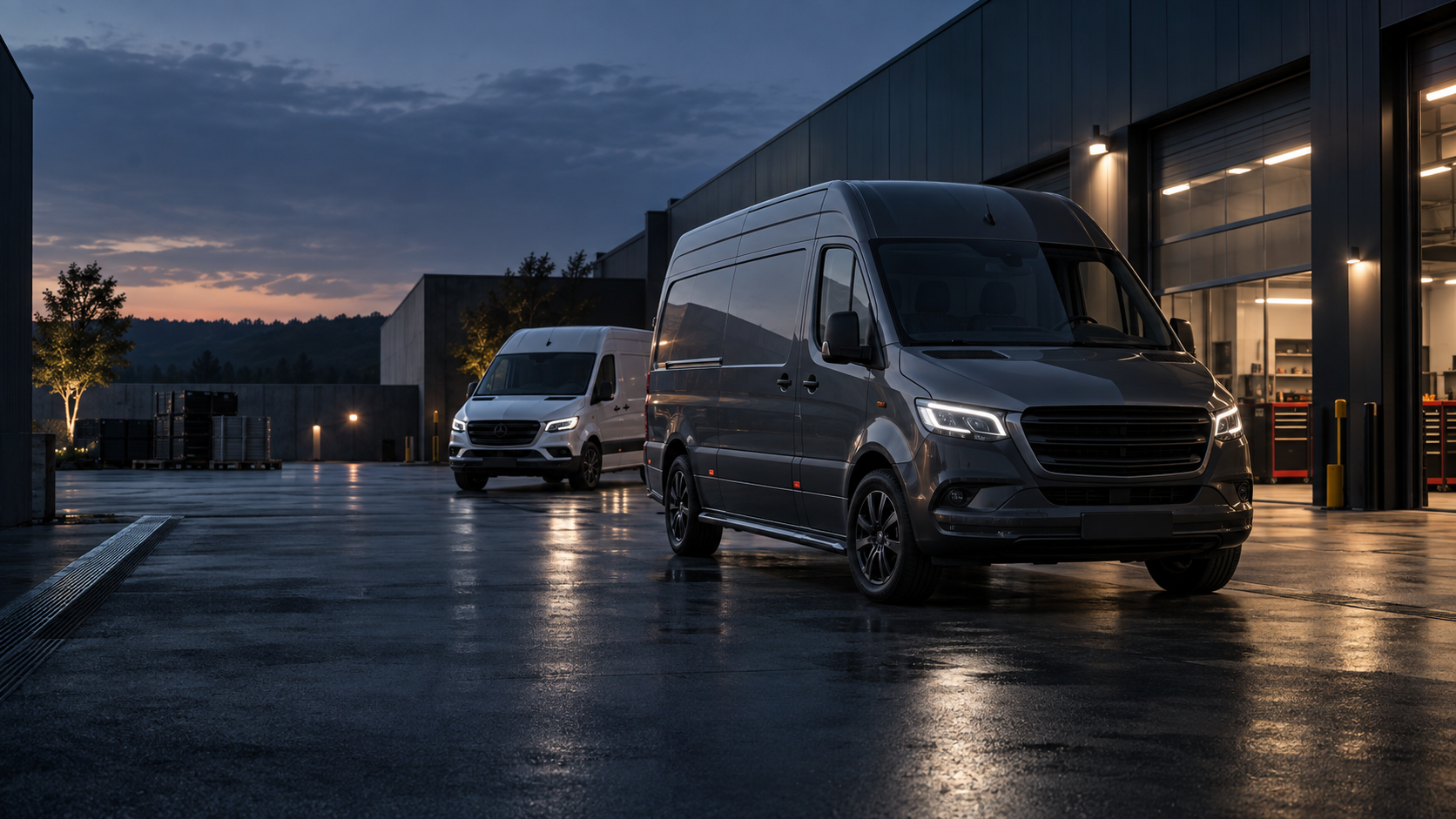 Zwei Transporter vor einer Gewerbehalle